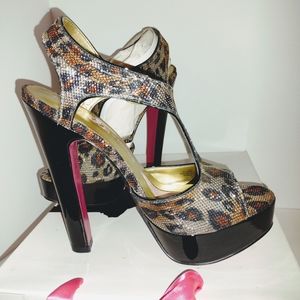 Paris Hilton Liza Peep T Cork Platform Color Coffee Leopard Glitter Size 7M